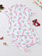 Pigiama natalizio da donna, stampa con biscotti di Babbo Natale, top a maniche corte abbottonato e pantaloncini elasticizzati, pigiameria casual per tutte le stagioni, pigiama natalizio, abbigliamento da casa