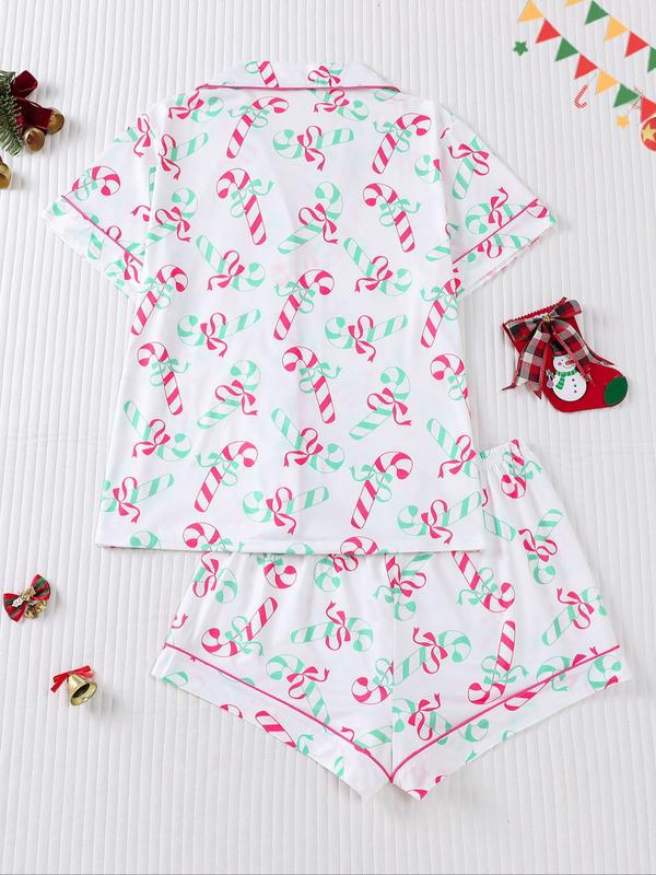 Ensemble pyjama de Noël pour femme, imprimé biscuits de Père Noël, haut boutonnée à manches courtes et short élastique, vêtements de nuit décontractés toutes saisons, pyjama de Noël, vêtements d'intérieur