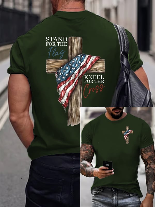 T-shirt casual da uomo con stampa "Stand For The Flag Kneel For The Cross"