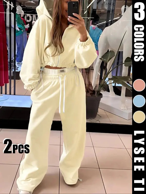 Ensemble ample à capuche avec cordon de serrage taille, couleur unie, style sport décontracté pour femme