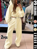 Ensemble ample à capuche avec cordon de serrage taille, couleur unie, style sport décontracté pour femme