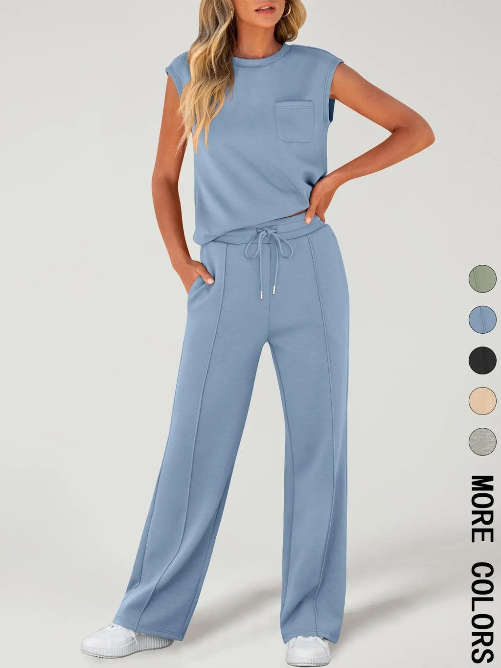 Completo da Donna due pezzi con Canotta Tinta Unita e Pantaloni con Coulisse in vita, Top Casual Senza Maniche con Scollo Rotondo e Pantaloni per l'Uso Quotidiano, Completi da Donna due pezzi per Tutte le Stagioni