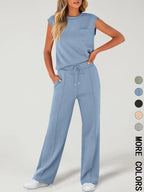 Completo da Donna due pezzi con Canotta Tinta Unita e Pantaloni con Coulisse in vita, Top Casual Senza Maniche con Scollo Rotondo e Pantaloni per l'Uso Quotidiano, Completi da Donna due pezzi per Tutte le Stagioni