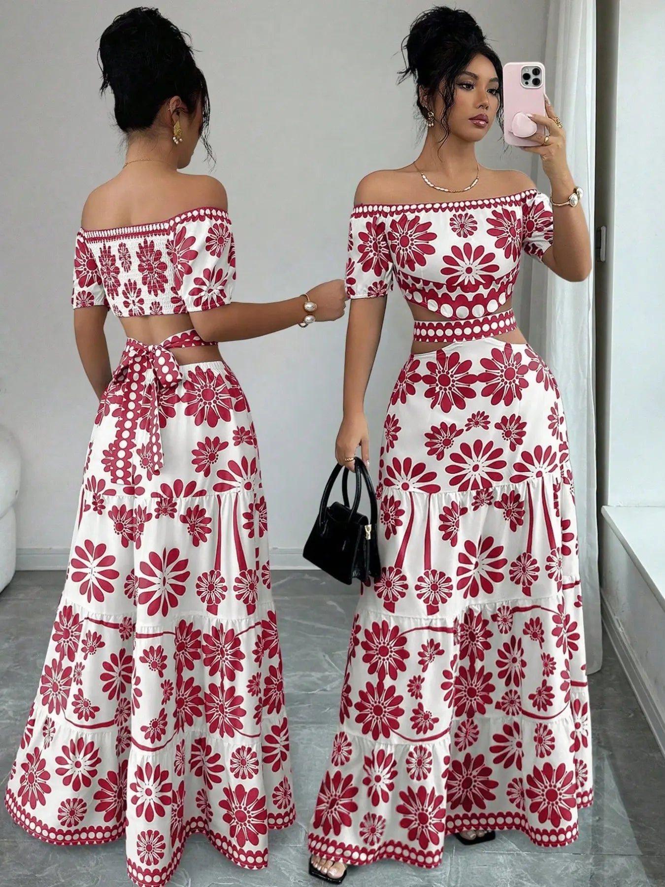 Robe florale courte à épaules dénudées avec découpes à la taille pour femme
