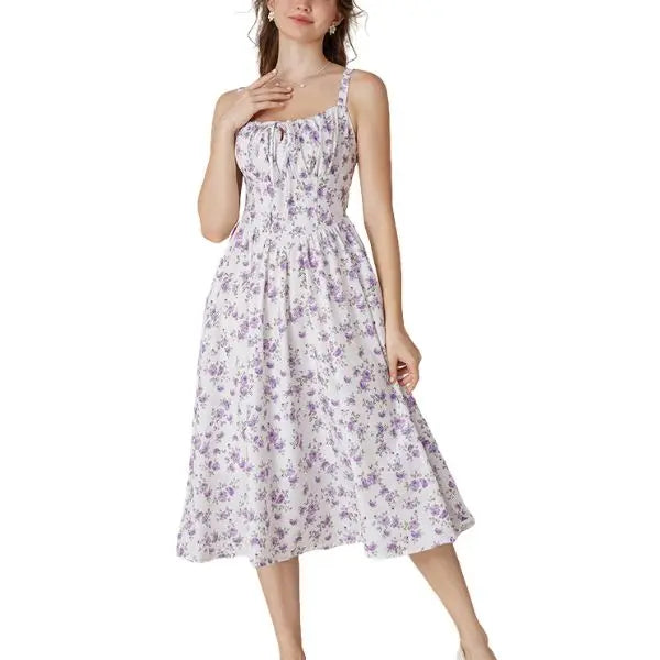 Robe longue d'été de style corset milkmaid sans manches à bretelles pour femme