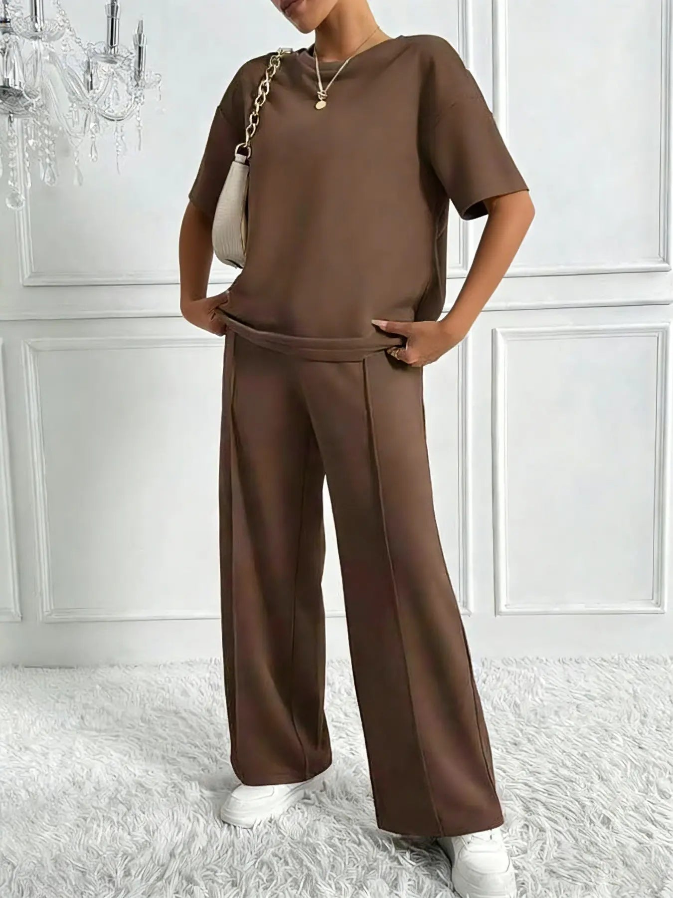 Ensemble deux pièces décontracté de couleur unie pour femme, ensemble coordonné ample et confortable pour le printemps et l'été, parfait pour le quotidien et le sport
