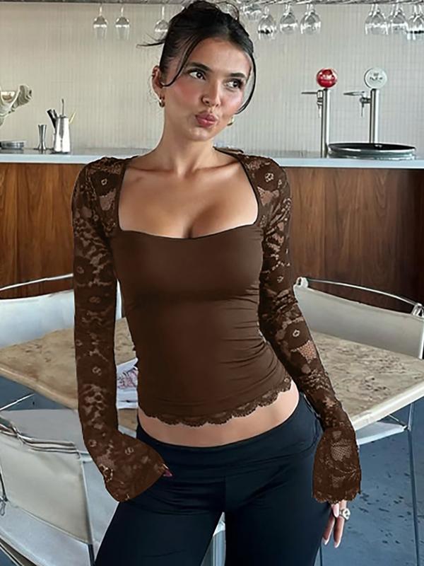 Maglietta da donna a maniche lunghe in pizzo floreale a tinta unita con volant, maglietta a maniche lunghe trasparente con motivo floreale sexy slim-fit per feste in discoteca, abbigliamento estivo da donna, top
