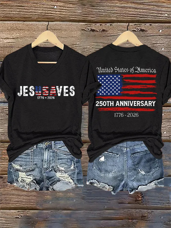T-shirt con stampa scollo a V retrò "Gesù salva l'America" 250° anniversario 1776-2026