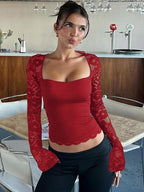 Maglietta da donna a maniche lunghe in pizzo floreale a tinta unita con volant, maglietta a maniche lunghe trasparente con motivo floreale sexy slim-fit per feste in discoteca, abbigliamento estivo da donna, top