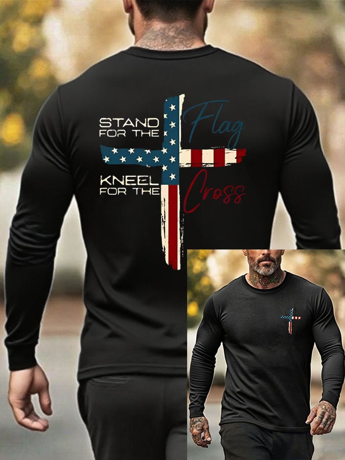 🔥Compra 3 e ottieni il 15% di sconto🔥T-Shirt da uomo con stampa "Stand For The Flag Kneel For The Cross"
