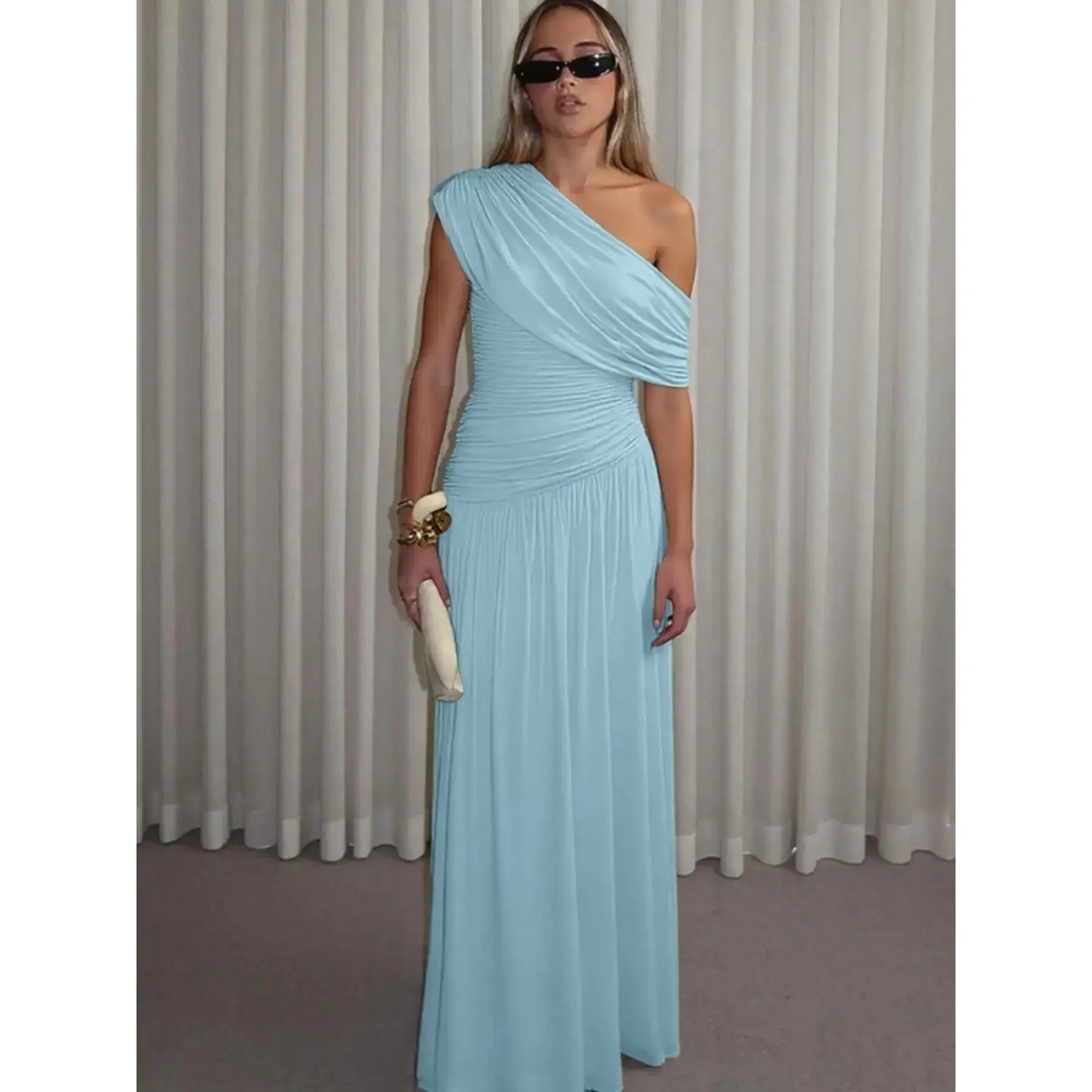 Abito da donna in tinta unita con arricciature, Abito elegante da sera per feste, Abito estivo da donna, Abito asimmetrico con arricciature