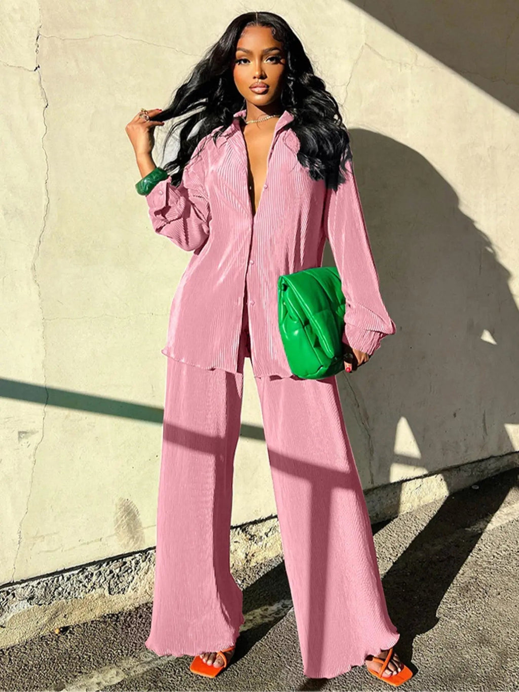 Ensemble deux pièces chemise unie boutonnée et pantalon taille élastique pour femme
