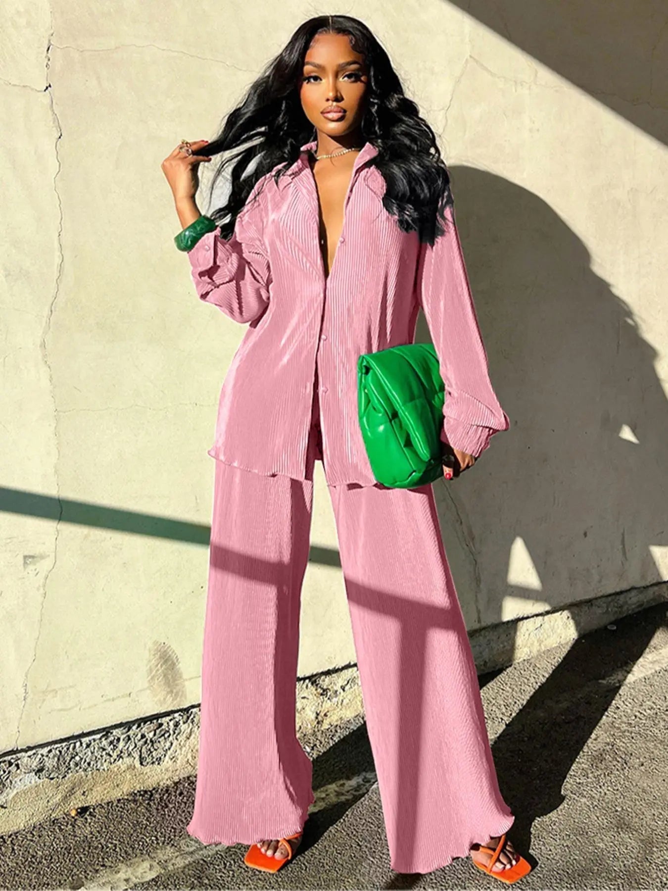 Ensemble deux pièces chemise unie boutonnée et pantalon taille élastique pour femme