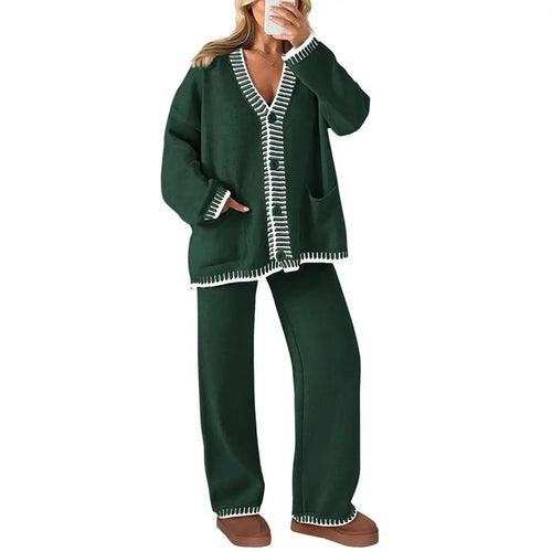 Ensemble 2 pièces tricoté pour femme, tenues d'hiver assorties, loungewear, cardigans à manches longues et col en V, pantalons amples, survêtements