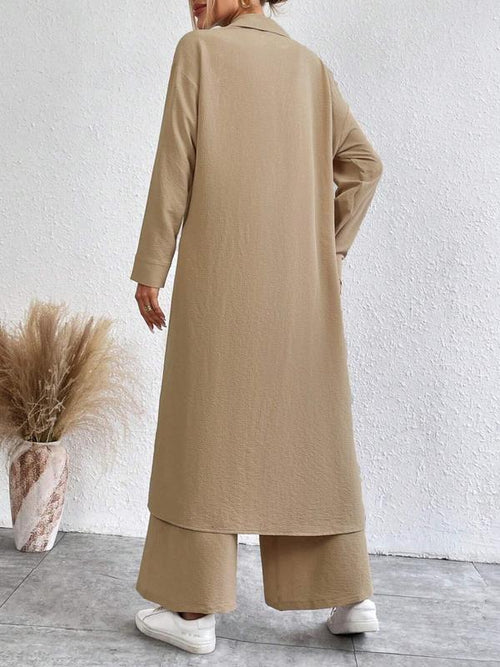 Ensemble deux pièces chemise unie boutonnée et pantalon large pour femme, ensemble décontracté top manches longues et pantalon à épaules tombantes, vêtements pour femmes pour usage quotidien