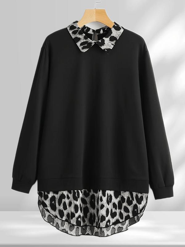 [Grande Taille] Sweat-shirt léopard à ourlet incurvé, sweat-shirt décontracté à manches longues pour l'automne et l'hiver, vêtements pour femmes pour un usage quotidien