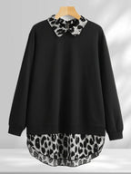 [Grande Taille] Sweat-shirt léopard à ourlet incurvé, sweat-shirt décontracté à manches longues pour l'automne et l'hiver, vêtements pour femmes pour un usage quotidien