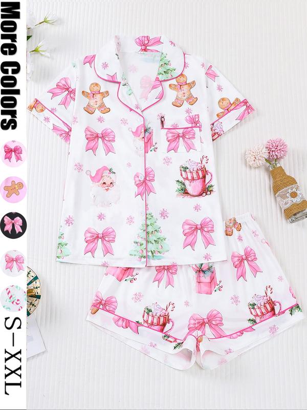 Pigiama natalizio da donna, stampa con biscotti di Babbo Natale, top a maniche corte abbottonato e pantaloncini elasticizzati, pigiameria casual per tutte le stagioni, pigiama natalizio, abbigliamento da casa