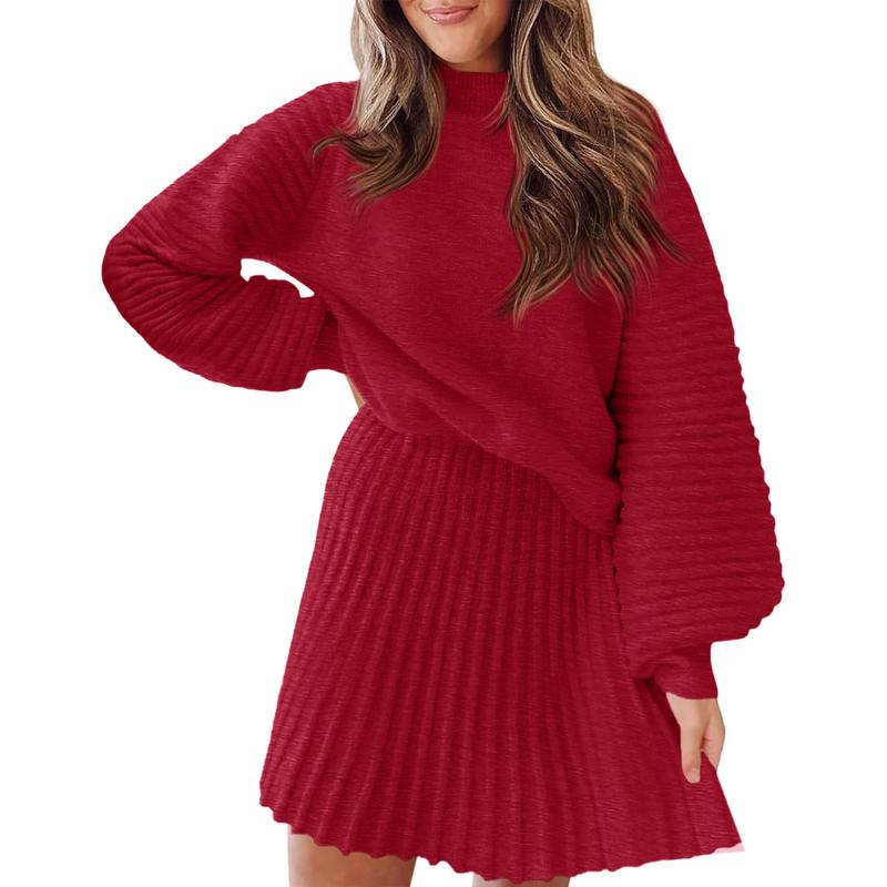 Ensembles 2 Pièces Femme 2025 Pulls Col Montant Manches Longues Côtelés et Mini-Jupe