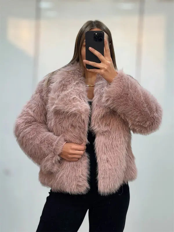 Giacca in finta pelliccia tinta unita da donna, cappotto casual a maniche lunghe con colletto per autunno e inverno, abbigliamento da donna per tutti i giorni, top carini