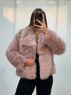 Giacca in finta pelliccia tinta unita da donna, cappotto casual a maniche lunghe con colletto per autunno e inverno, abbigliamento da donna per tutti i giorni, top carini