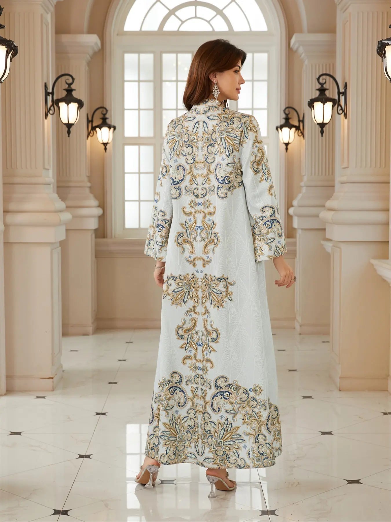Abito da donna mediorientale con stampa di nuovi tessuti decorati, abito da sera lungo arabo con perline intere, jellabiya, abaya per l'Eid
