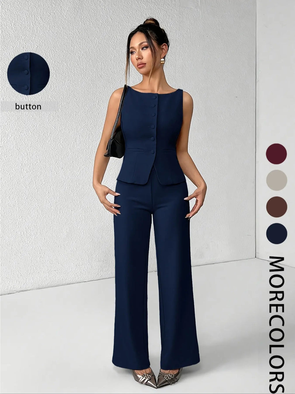 Ensemble deux pièces minimaliste et chic pour femme, composé d'un débardeur sans manches uni boutonné et d'un pantalon large, idéal pour l'été, le quotidien, le bureau, les tenues d'entreprise et les ensembles décontractés assortis.