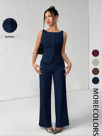 Ensemble deux pièces minimaliste et chic pour femme, composé d'un débardeur sans manches uni boutonné et d'un pantalon large, idéal pour l'été, le quotidien, le bureau, les tenues d'entreprise et les ensembles décontractés assortis.