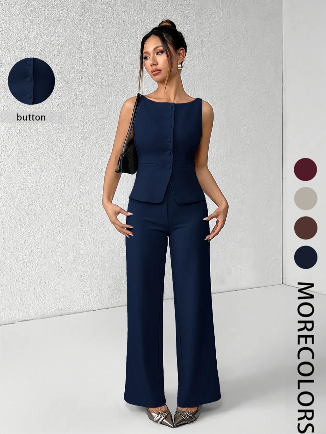 Ensemble deux pièces minimaliste et chic pour femme, composé d'un débardeur sans manches uni boutonné et d'un pantalon large, idéal pour l'été, le quotidien, le bureau, les tenues d'entreprise et les ensembles décontractés assortis.