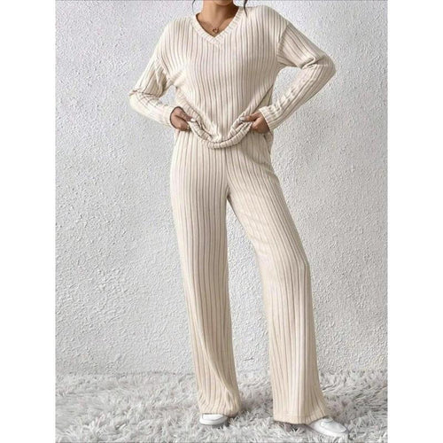 Ensemble de détente solide pour femmes avec poches et épaules tombantes, haut décontracté à manches longues et col en V et pantalon à jambes droites, ensemble deux pièces pour femmes, pyjama