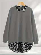 [Grande Taille] Sweat-shirt léopard à ourlet incurvé, sweat-shirt décontracté à manches longues pour l'automne et l'hiver, vêtements pour femmes pour un usage quotidien