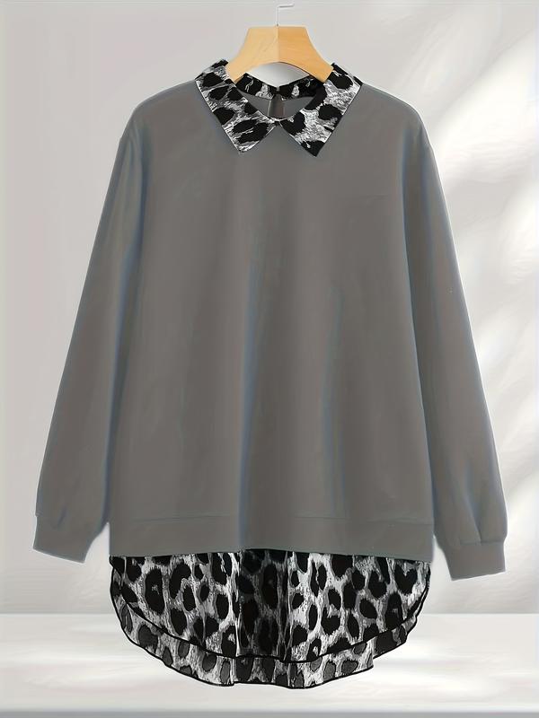 [Grande Taille] Sweat-shirt léopard à ourlet incurvé, sweat-shirt décontracté à manches longues pour l'automne et l'hiver, vêtements pour femmes pour un usage quotidien