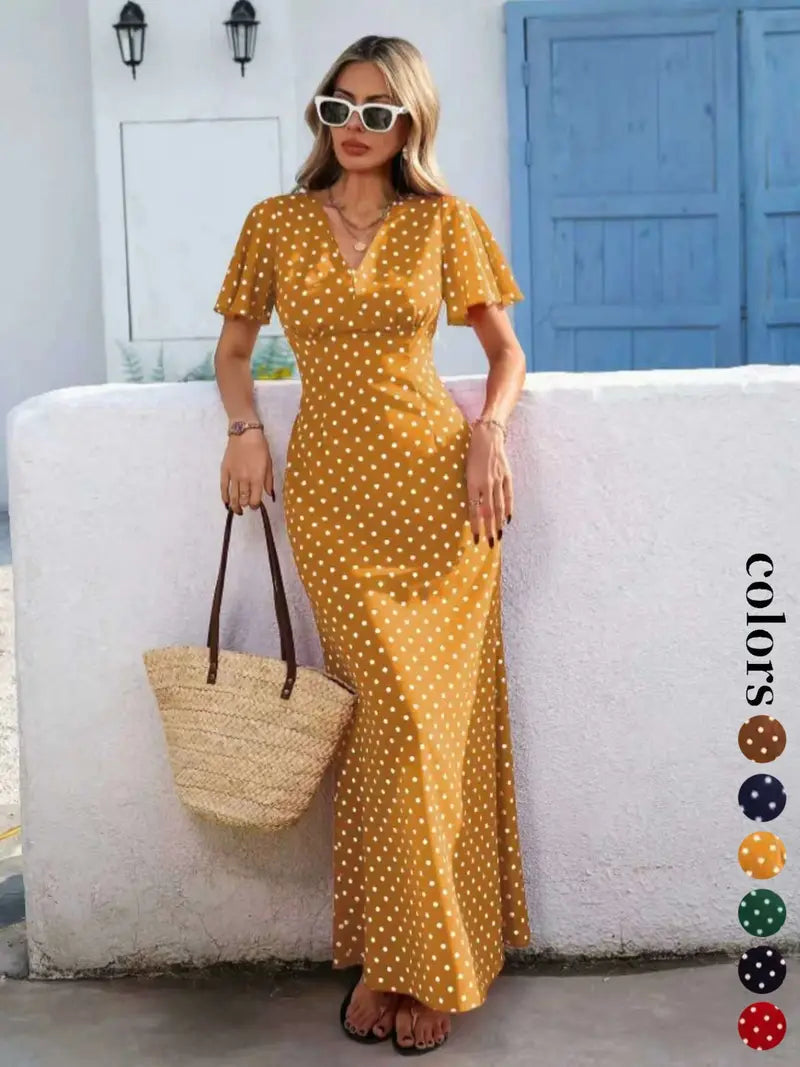 Abito lungo da donna bohémien con scollo a V e maniche corte, stile casual a pois per le vacanze, nuova moda europea e americana