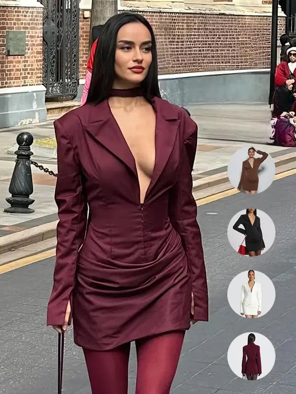 Robe élégante pour femme, couleur unie, col en V profond, taille froncée tendance, parfaite pour les fêtes de printemps et d'automne