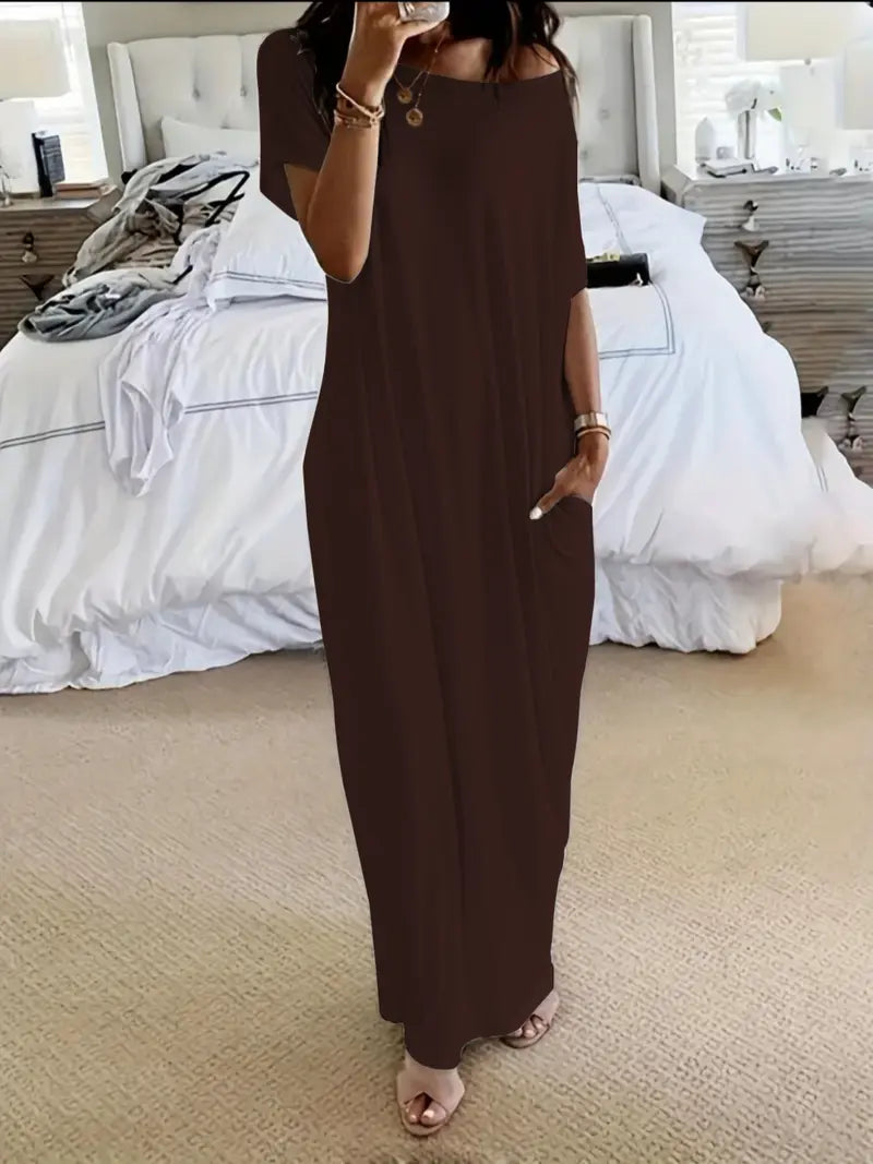 Robe de détente unie à manches chauve-souris pour femme, chemise de nuit décontractée et confortable à manches courtes pour le quotidien, vêtement de nuit pour femme pour toutes les saisons