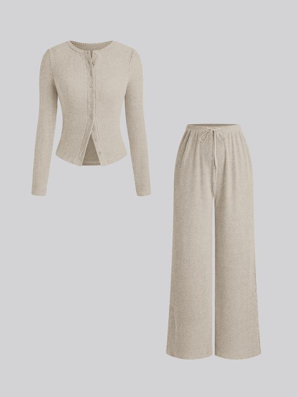 Ensemble deux pièces décontracté femme, haut à manches longues et col rond coupe slim et pantalon, motif uni, tissu modéré, automne-hiver