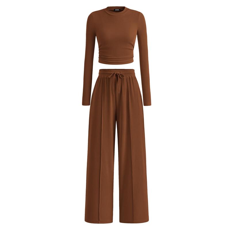 Ensemble de salon assorti 2 pièces en tricot côtelé : haut court à manches longues et pantalon large