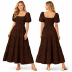 Longue robe smockée pour femme, manches bouffantes, coupe fluide à volants, style élégant pour l'été.