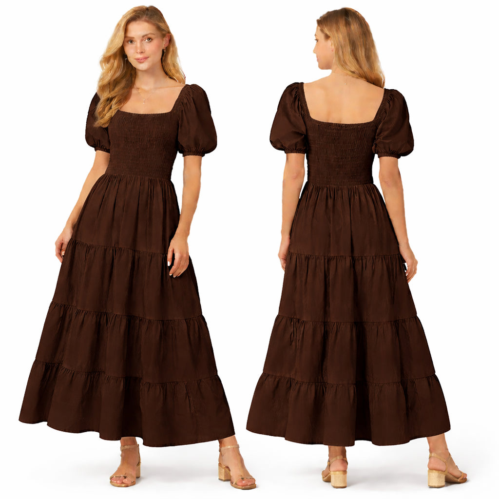 Longue robe smockée pour femme, manches bouffantes, coupe fluide à volants, style élégant pour l'été.