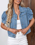 Veste en Jean Courte Lavage Clair, Manches Bouffantes, pour Femme, Manteau Court en Jean Taille Haute Léger et Fin, Coupe Tendance et Décontractée pour l'Été