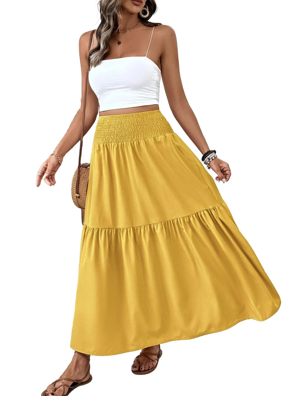 Gonna casual floreale da donna a trapezio, vita elastica con tasche, orlo a foglia, gonna lunga aderente, abito a media lunghezza alla moda