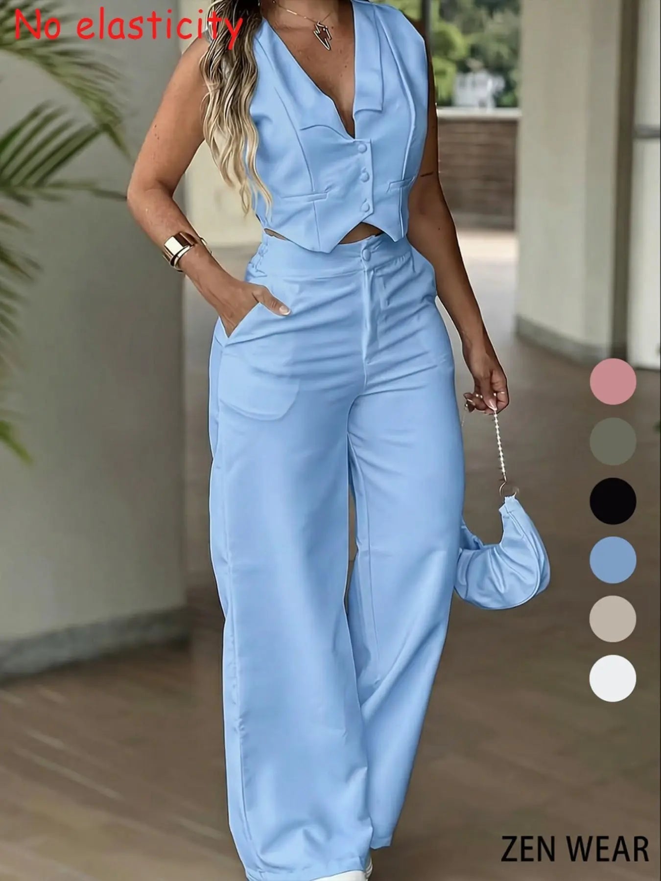 Completo Pantaloni da Donna, Gilet Senza Maniche con Coulisse in Vita, Pantaloni a Gamba Larga, Elegante Completo Due Pezzi da Ufficio