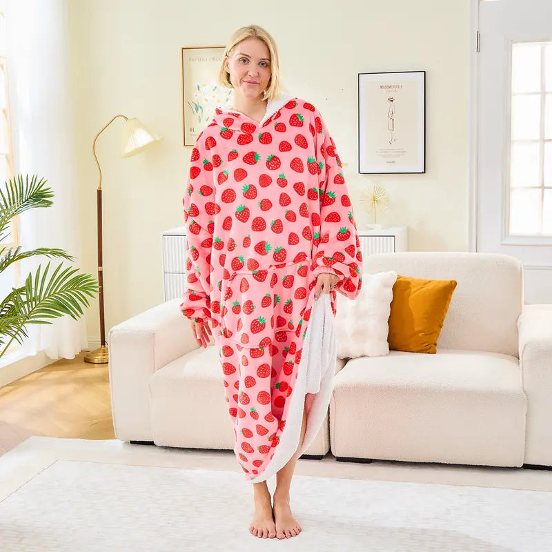 Coperta Indossabile con Cappuccio Oversize in Pile Sherpa, Felpa con Cappuccio con Maniche, Coperta con Cappuccio Accogliente e Gigante Extra Lunga per Adulti Donna Regalo Invernale (Fragola)
