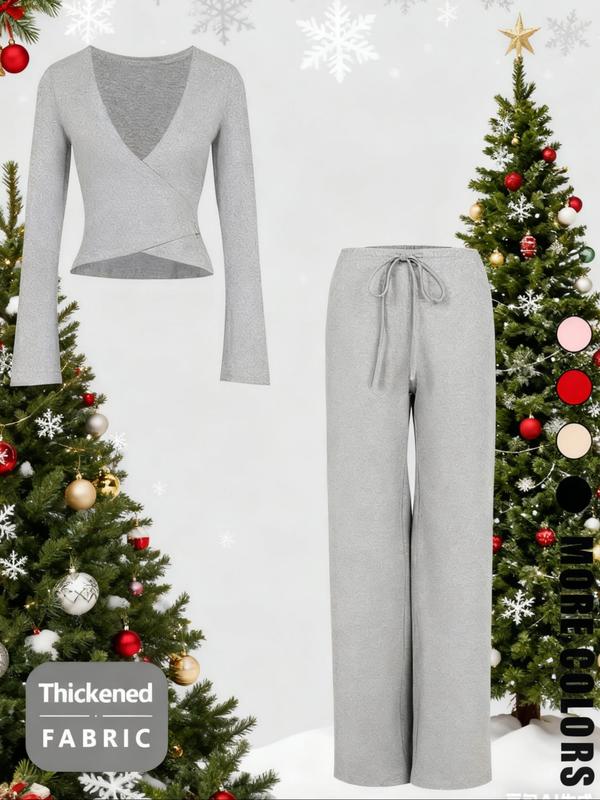 Completo a Maniche Lunghe con Top a V e Pantaloni, Sexy, per le Feste di Natale, Vestibilità Aderente, Tinta Unita, Stile Primavera & Autunno
