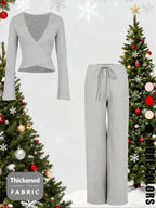 Completo a Maniche Lunghe con Top a V e Pantaloni, Sexy, per le Feste di Natale, Vestibilità Aderente, Tinta Unita, Stile Primavera & Autunno