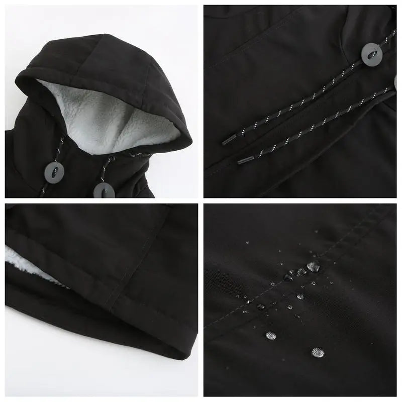 Parka d'hiver en coton épais avec doublure en polaire, manteau chaud à capuche mi-long, coupe ajustée, manches longues, en fausse fourrure noire, pour un style élégant et décontracté - Vestes