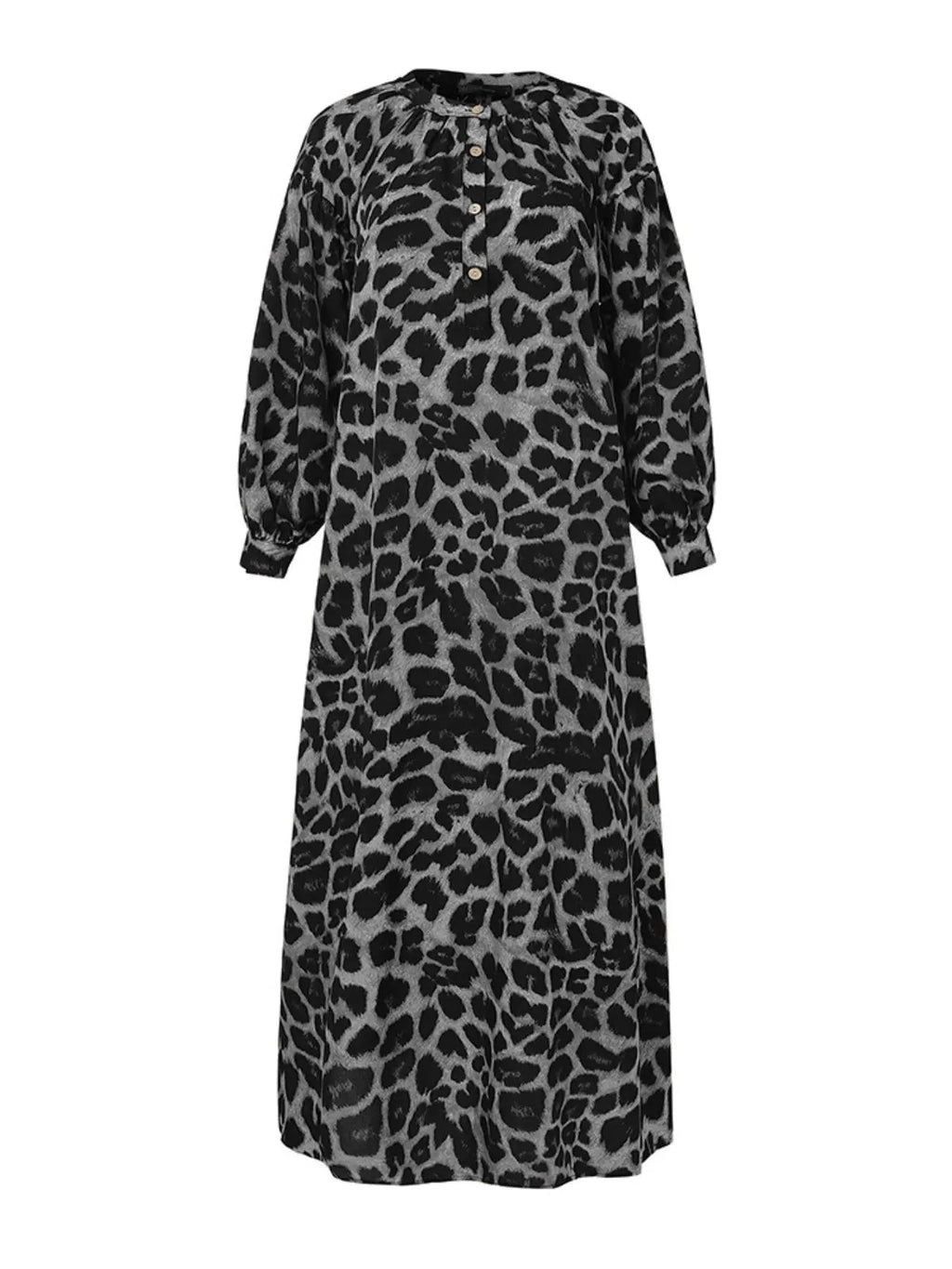 Abito lungo da donna casual boho con stampa leopardata all-over, abito lungo da strada per le vacanze, vestiti da donna per l'uso quotidiano