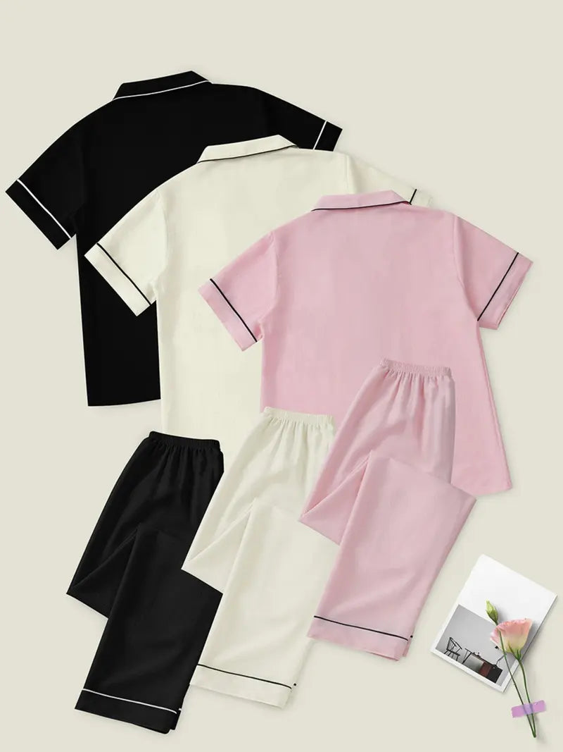 Set pigiama da donna con ricamo a cuore, colletto dentellato, maniche corte e tasche, completo casual e comodo con maglietta e pantaloncini per tutte le stagioni