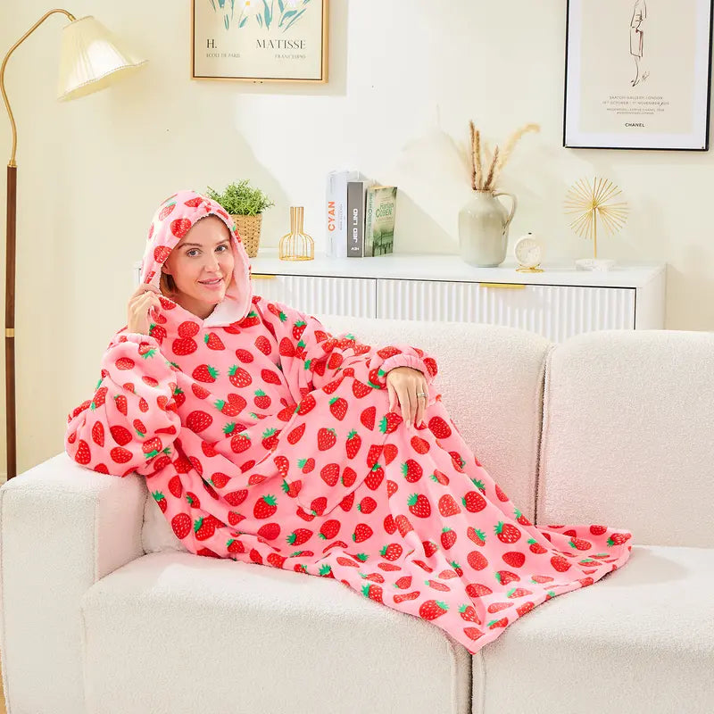 Coperta Indossabile con Cappuccio Oversize in Pile Sherpa, Felpa con Cappuccio con Maniche, Coperta con Cappuccio Accogliente e Gigante Extra Lunga per Adulti Donna Regalo Invernale (Fragola)