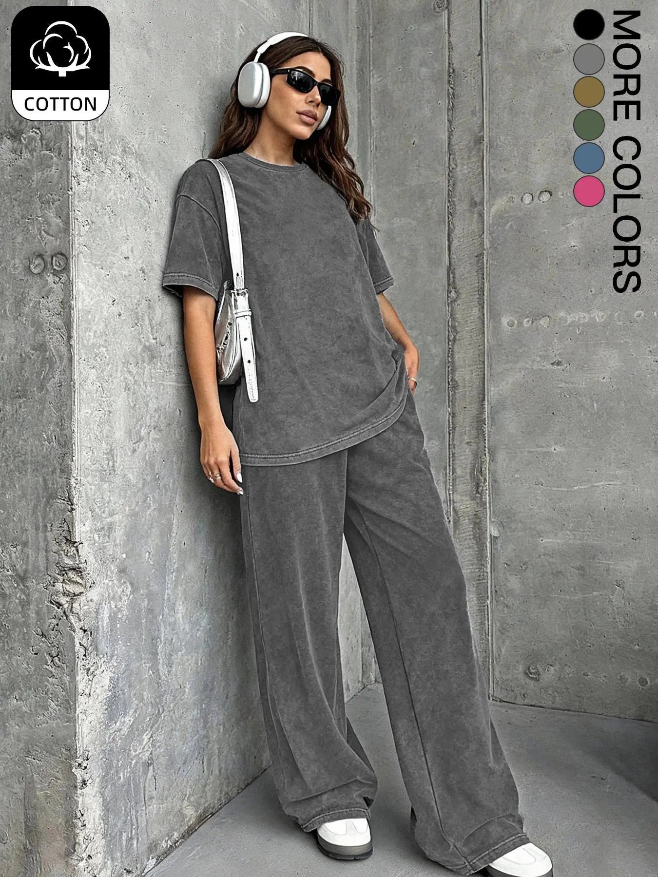 Ensemble deux pièces décontracté pour femme, t-shirt ample à manches courtes en coton délavé et pantalon long, toutes saisons, style uni